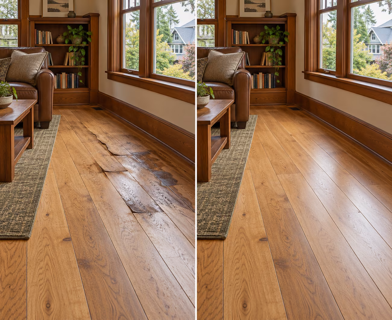 Before and after floor repair illustration for a Seattle home