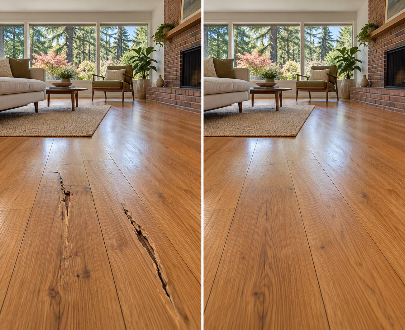 Before and after floor repair illustration for a Shoreline home
