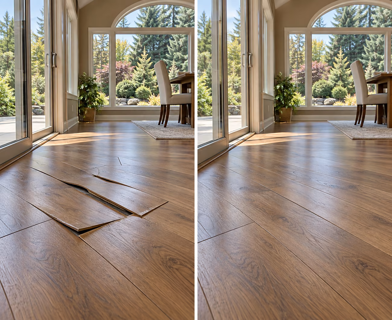 Before and after floor repair illustration for a Mill Creek home