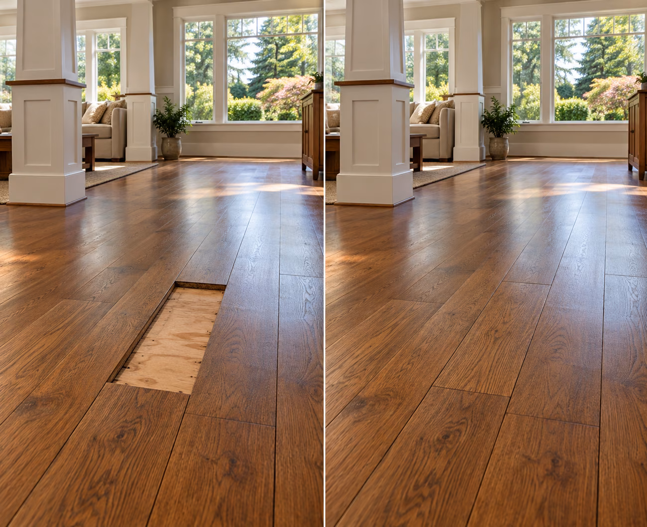 Before and after floor repair illustration for a Bothell home