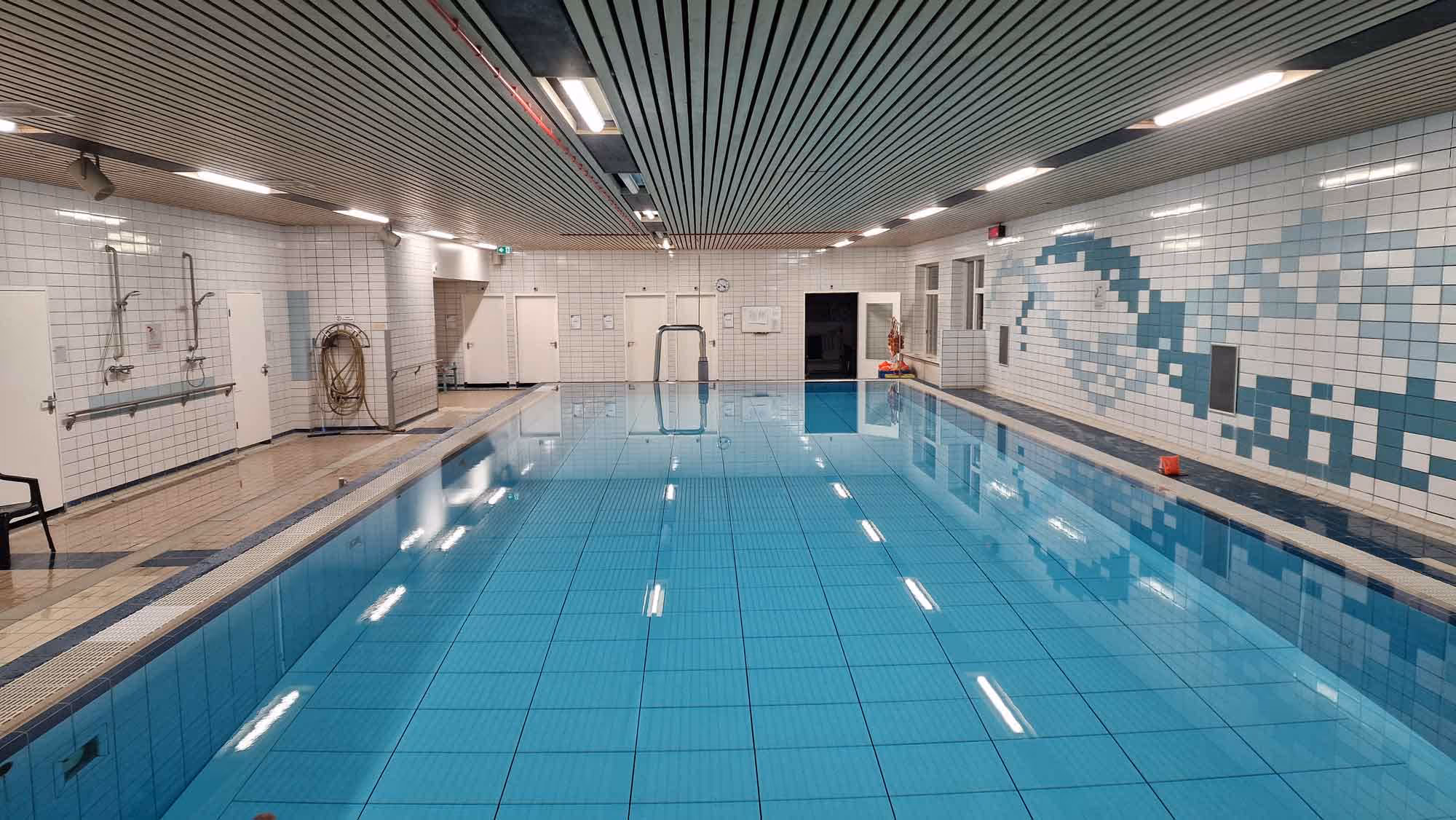 Indoor swimming pool with tiled walls and floor, pool ladders, and a large blue wave mosaic on one wall.