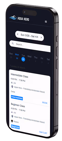 Smartphone screen displaying Aqua Hero app with schedule for Intermediate and Beginner swimming classes on Tuesday, March 31.