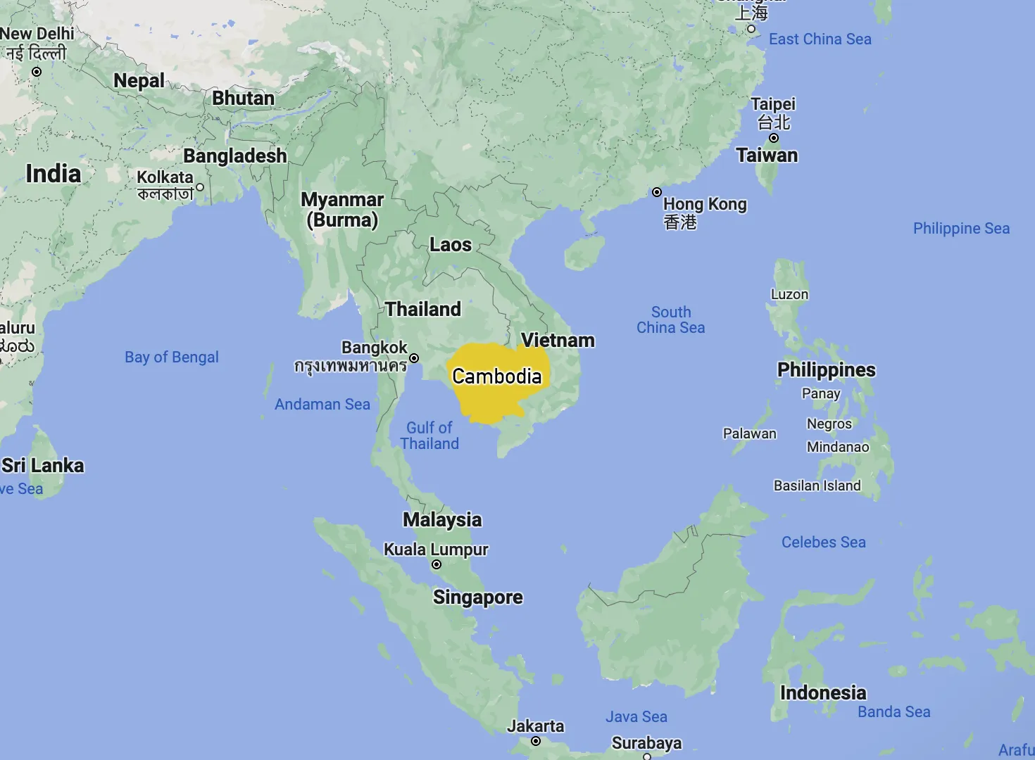 Google maps image of Cambodia highlighted in yellow.