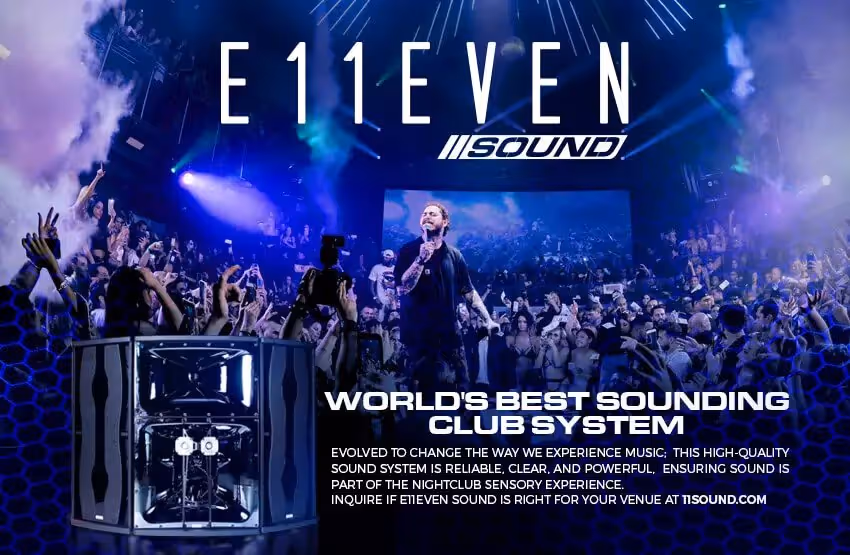 Promotional advertisement showing E11EVEN Sound with Post Malone