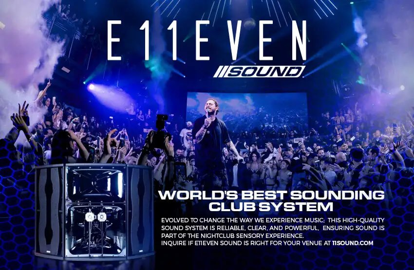 Promotional advertisement showing E11EVEN Sound with Post Malone