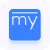 Blue square app icon with white stylized letters 'my' in lowercase.