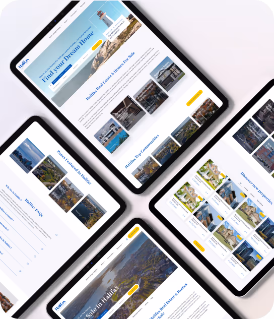 Four tablets displaying a real estate website with listings, community info, and search features for homes in Halifax.