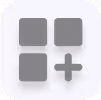 Icon with three gray squares and a gray plus sign on a rounded white square background.