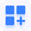 Blue grid icon with three squares and a plus sign on a light rounded square background.