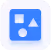 Blue square icon with four white geometric shapes: circle, triangle, square, and rectangle.