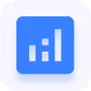Blue square icon with ascending bar chart consisting of three vertical bars.