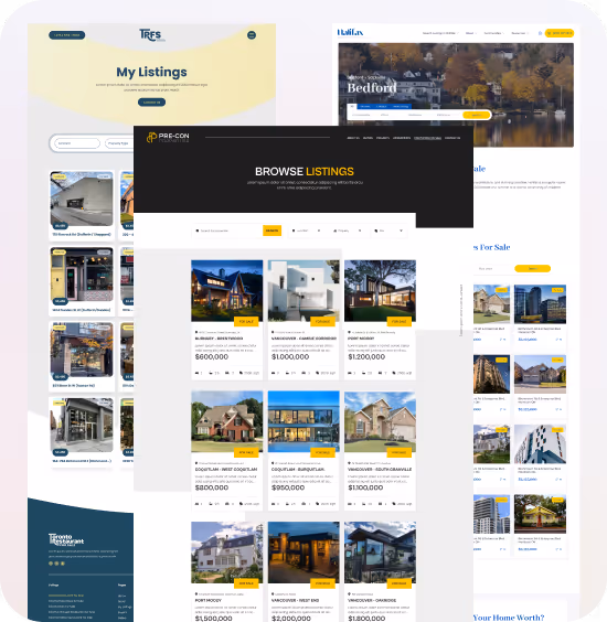 Screenshot collage of real estate listing websites showing property images, prices, and navigation menus.