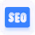 Blue square icon with white letters SEO inside.