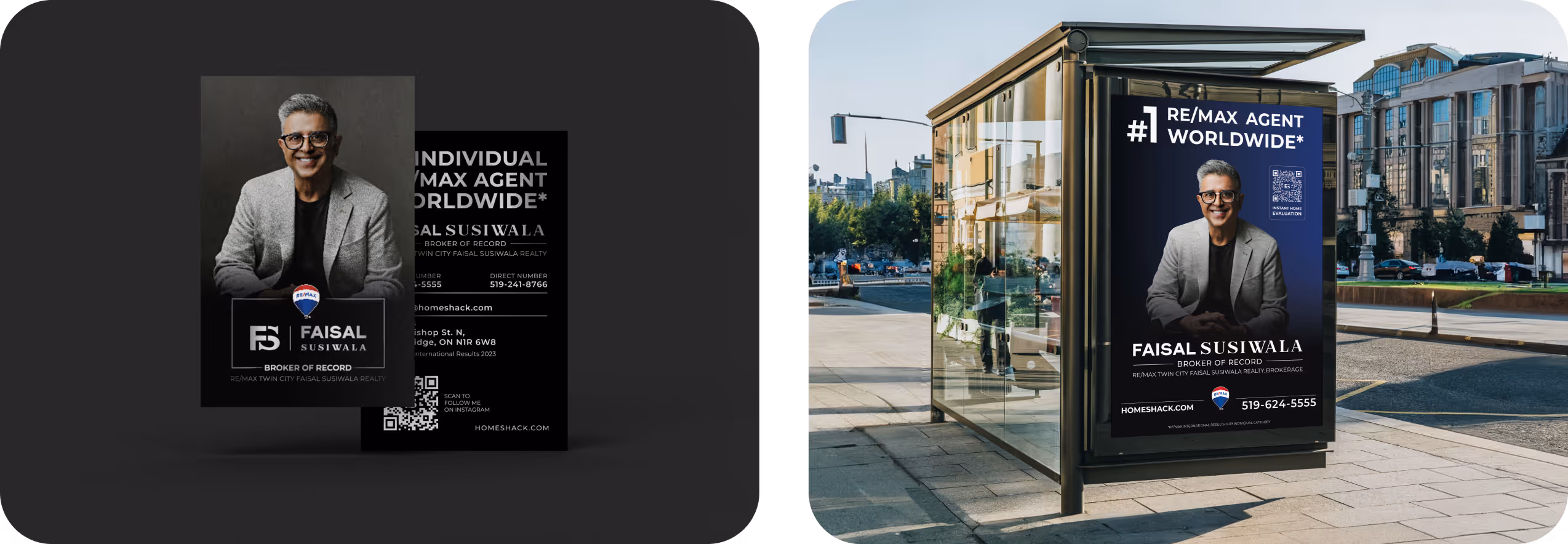 Real estate agent Faisal Susiwala's business card and a large outdoor advertisement at a bus stop featuring his photo and contact information.