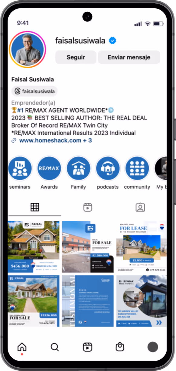 Instagram profile of Faisal Susiwala, a verified RE/MAX agent showcasing real estate listings and categories like seminars, awards, family, podcasts, and community.