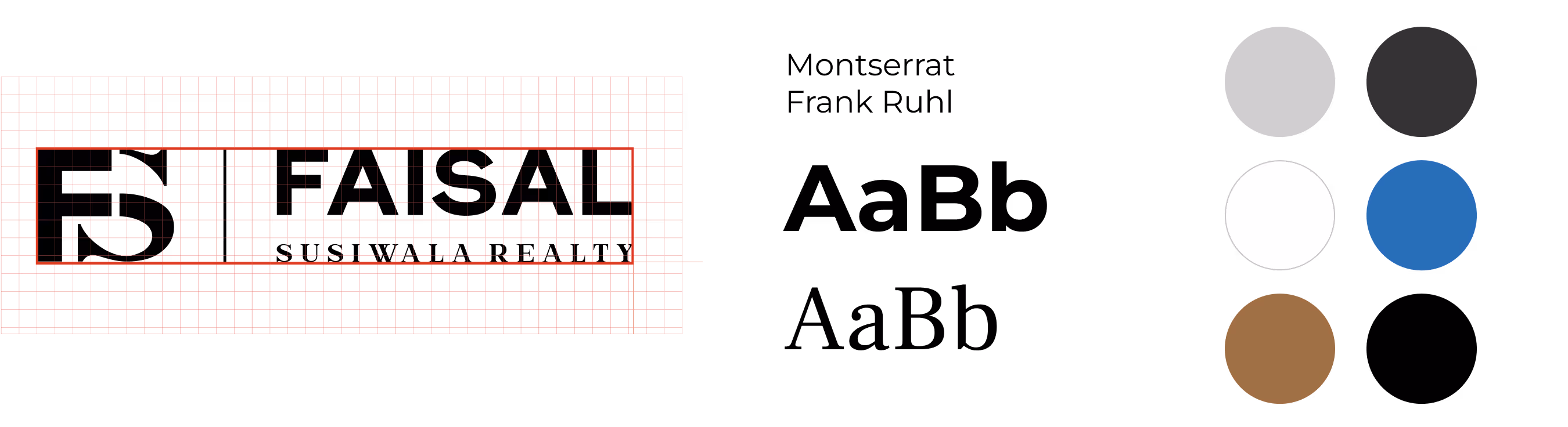 Logo for Faisal Fine, a company specializing in commercial interior design, next to five circular color swatches in gray, dark gray, white, blue, and brown.