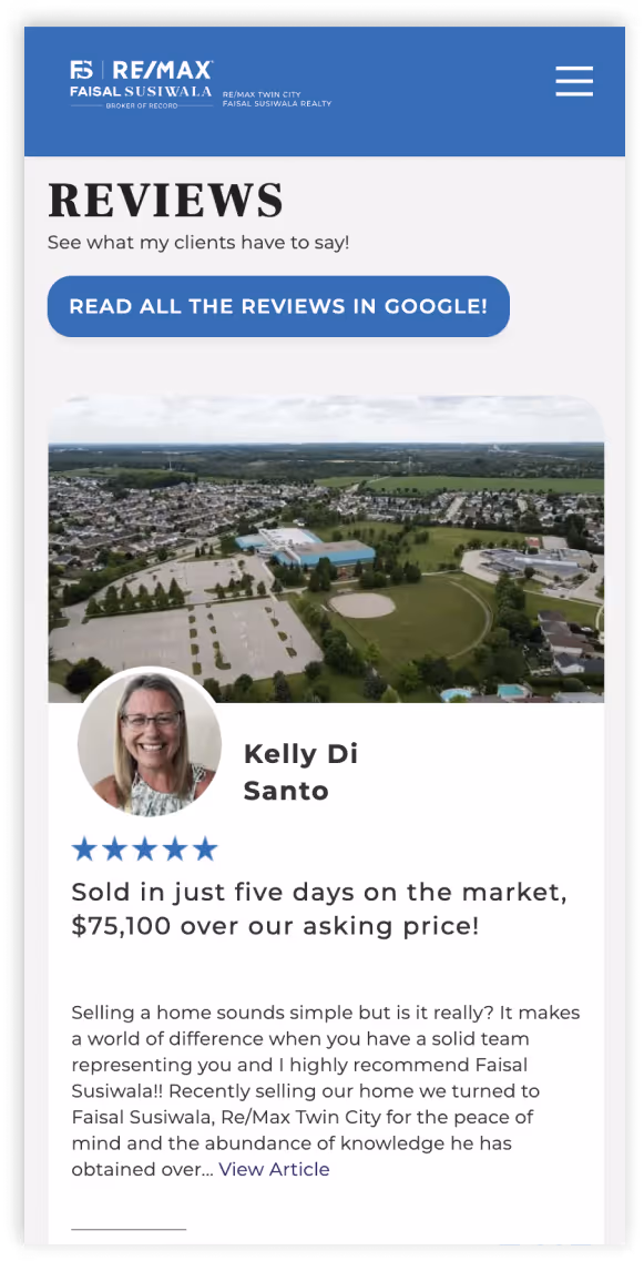 Real estate client review with a smiling woman’s photo, five-star rating, and testimonial about selling a home quickly above asking price.