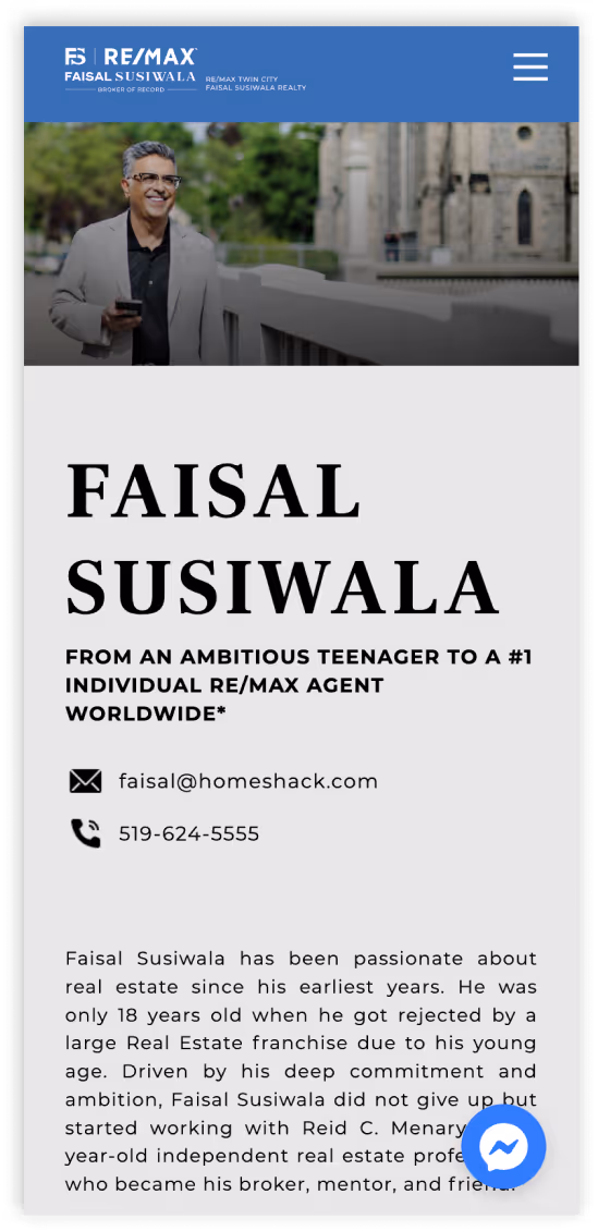 Mobile website page for Faisal Susiwala, RE/MAX agent, featuring a smiling man in a light jacket holding a phone, with contact info and a brief biography.
