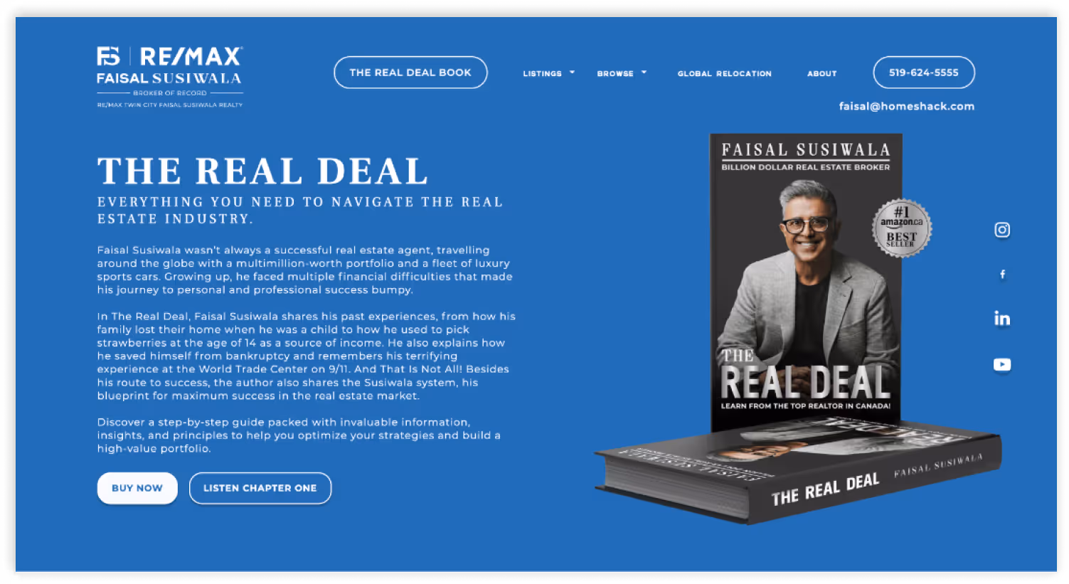 Promotional webpage for Faisal Susiwala's book 'The Real Deal' on real estate success, featuring book cover and purchase options.