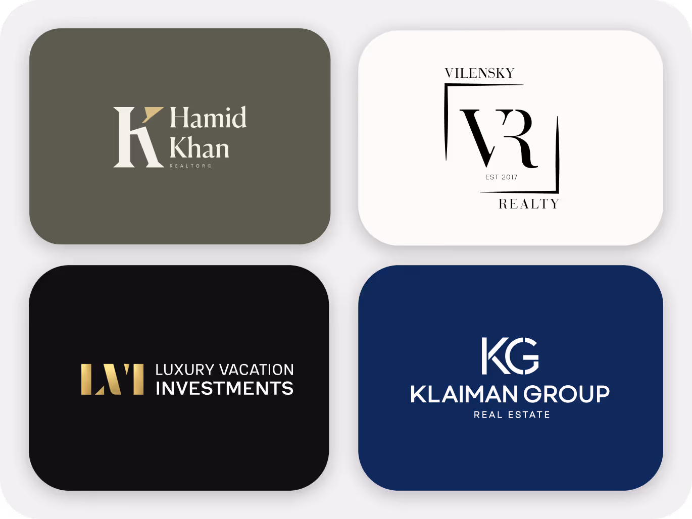 Four real estate logos: Hamid Khan Realtor® on dark green, Vilensky Realty with VR monogram on white, Luxury Vacation Investments with gold LVI on black, and Klaiman Group Real Estate with KG monogram on navy blue.