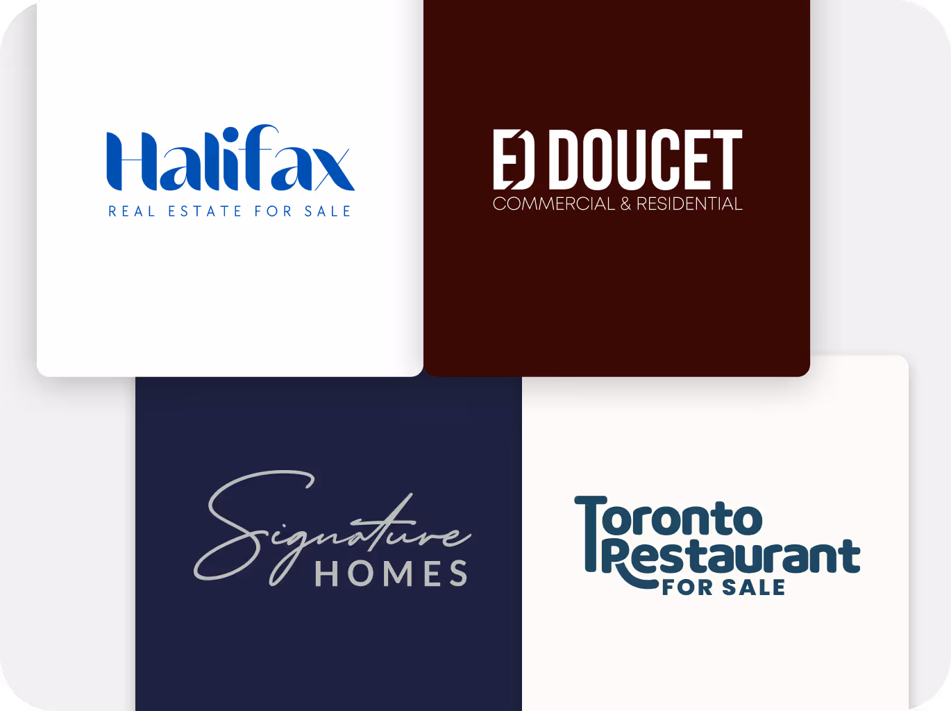 Four business logos arranged in a 2x2 grid: Halifax Real Estate for Sale in blue on white, EJ Doucet Commercial & Residential in white on dark brown, Signature Homes in script and block letters in gray on dark blue, and Toronto Restaurant For Sale in blue on off-white.