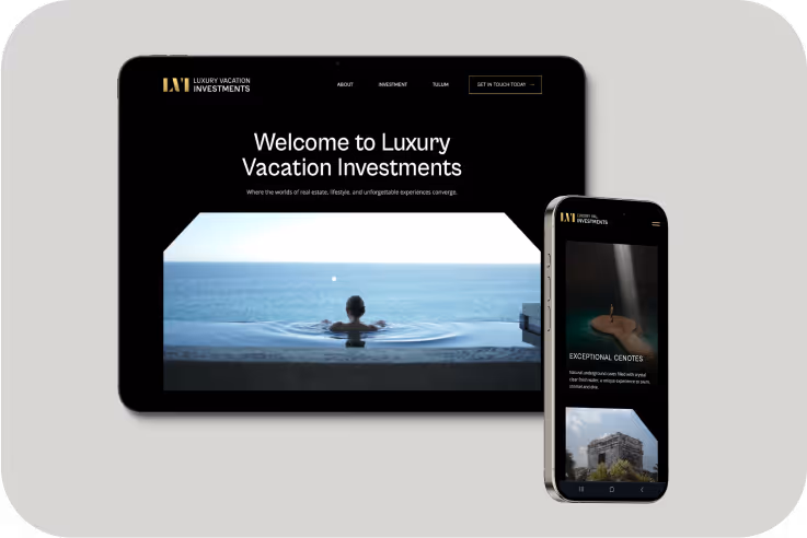 Tablet and smartphone displaying Luxury Vacation Investments website with an ocean view and person relaxing in an infinity pool.