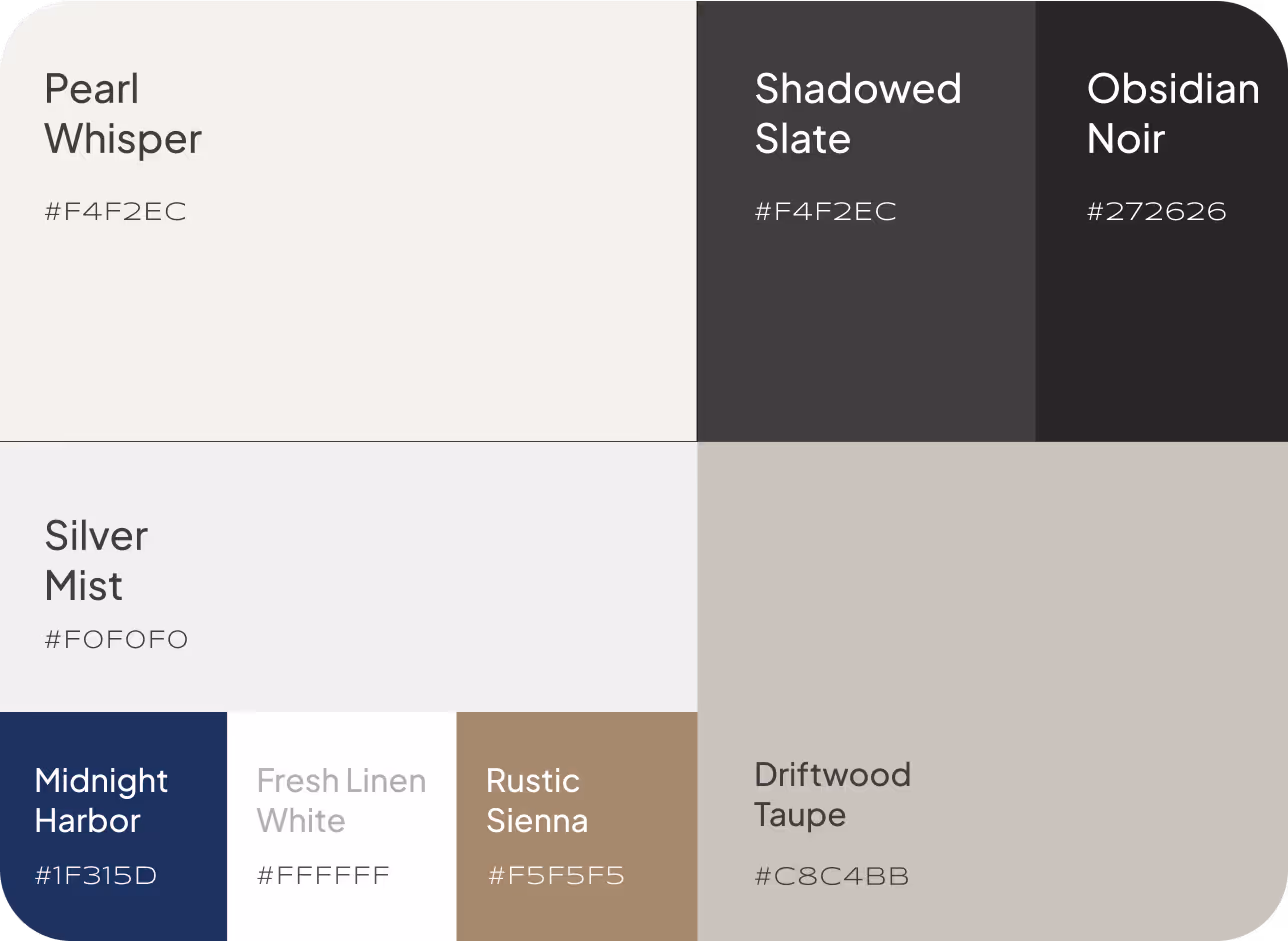Color palette with eight colors: Pearl Whisper (#F4F2EC), Shadowed Slate (#4F4F4F), Obsidian Noir (#272626), Silver Mist (#F0F0F0), Driftwood Taupe (#C8C4BB), Midnight Harbor (#1F315D), Fresh Linen White (#FFFFFF), and Rustic Sienna (#F5F5F5).