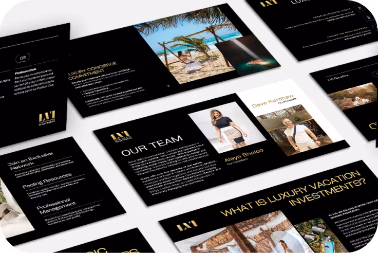 Modern and elegant luxury vacation investment presentation slides featuring team photos, tropical beach scenes, and key service highlights.