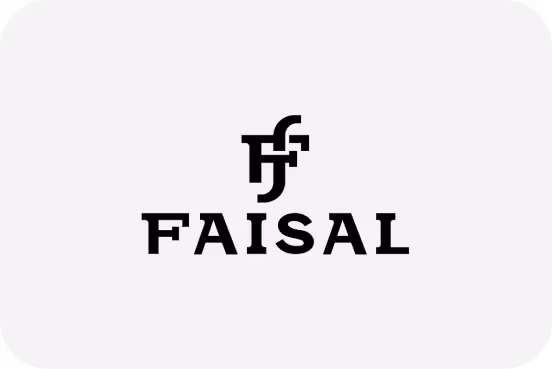 Faisal brand name with stylized overlapping F and J letters above it on a light background.