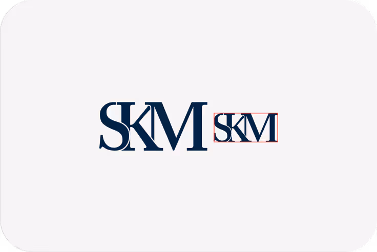 Two stylized navy blue logos with the letters SKM on a light gray background, one larger and one smaller.