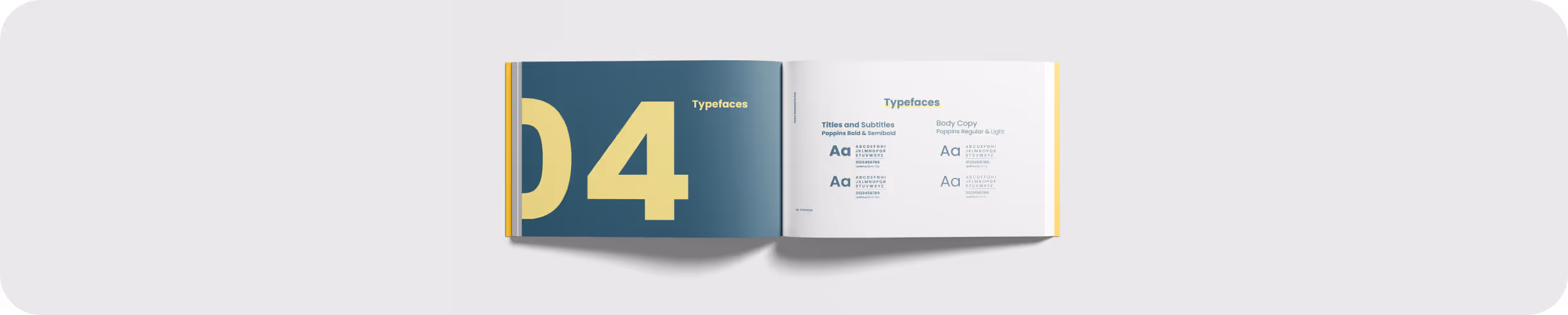 Open book spread showing typography guidelines with large number 04 on left page and font samples of Poppins typeface on right page.