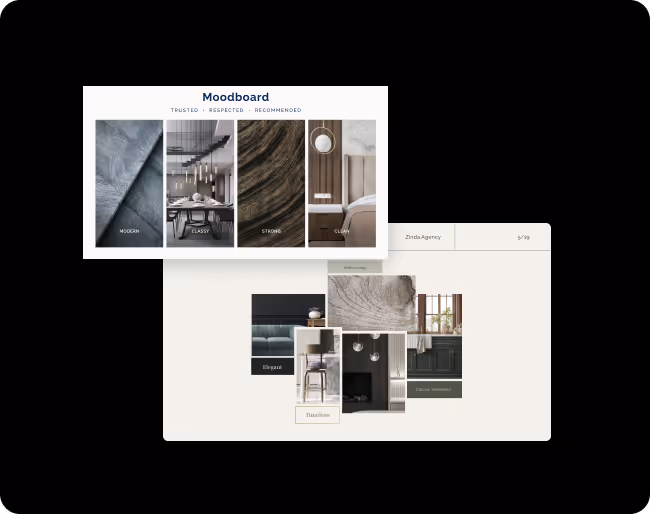 Two moodboard panels featuring modern interior design elements with textures, furniture, and muted color palettes labeled with words like Modern, Classy, Strong, Clean, Elegant, Tradition, and Classic Minimalist.