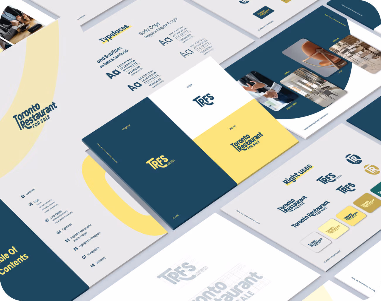 Flat lay of brand guide pages featuring logos, typography samples, color palette, and usage examples for Toronto Restaurant For Sale.