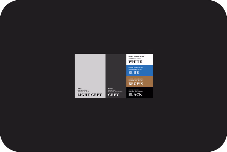 Color palette showing six colors with their HEX and CMYK values labeled: Light Grey, Grey, White, Blue, Brown, and Black.