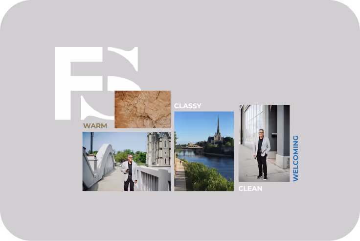 Moodboard collage featuring a cracked earth texture labeled 'WARM', a scenic city river view labeled 'CLASSY', and Faisal Susiwala in a light gray blazer labeled 'CLEAN' and 'WELCOMING'.