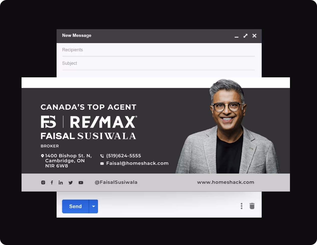 Email signature for Faisal Susiwala, Canada’s top RE/MAX agent and broker, with contact details and social media icons, alongside a photo of a smiling man in glasses and a gray blazer.
