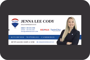 Business card for Jenna Lee Cody, real estate sales representative at RE/MAX Twin City, with contact info and portrait photo.