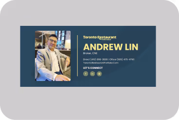 Real estate email signature for Andrew Lin, Broker at Toronto Restaurant, featuring his photo and contact details.
