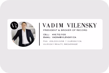 Email signature design of Vadim Vilensky, President & Broker of Record at Vilensky Realty, with contact details and photo.