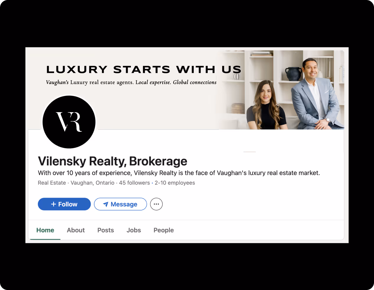 LinkedIn profile banner for Vilensky Realty, Brokerage featuring text 'Luxury Starts with Us' and photo of Vadim and Esther Vilensky