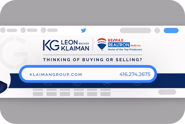 Real estate banner with KG Leon Klaiman Broker logo, RE/MAX Realtron Realty Inc. logo, text 'Thinking of buying or selling?', website klaimangroup.com, and phone number 416.274.2675.