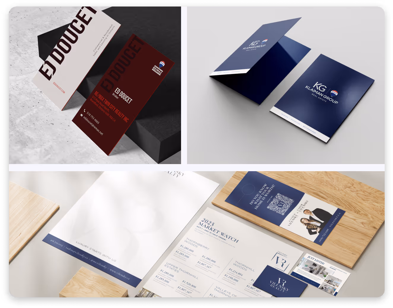 Collage of professional real estate business cards and marketing materials including cards for Ed Doucet, Klaiman Group, and Villensky Realty.