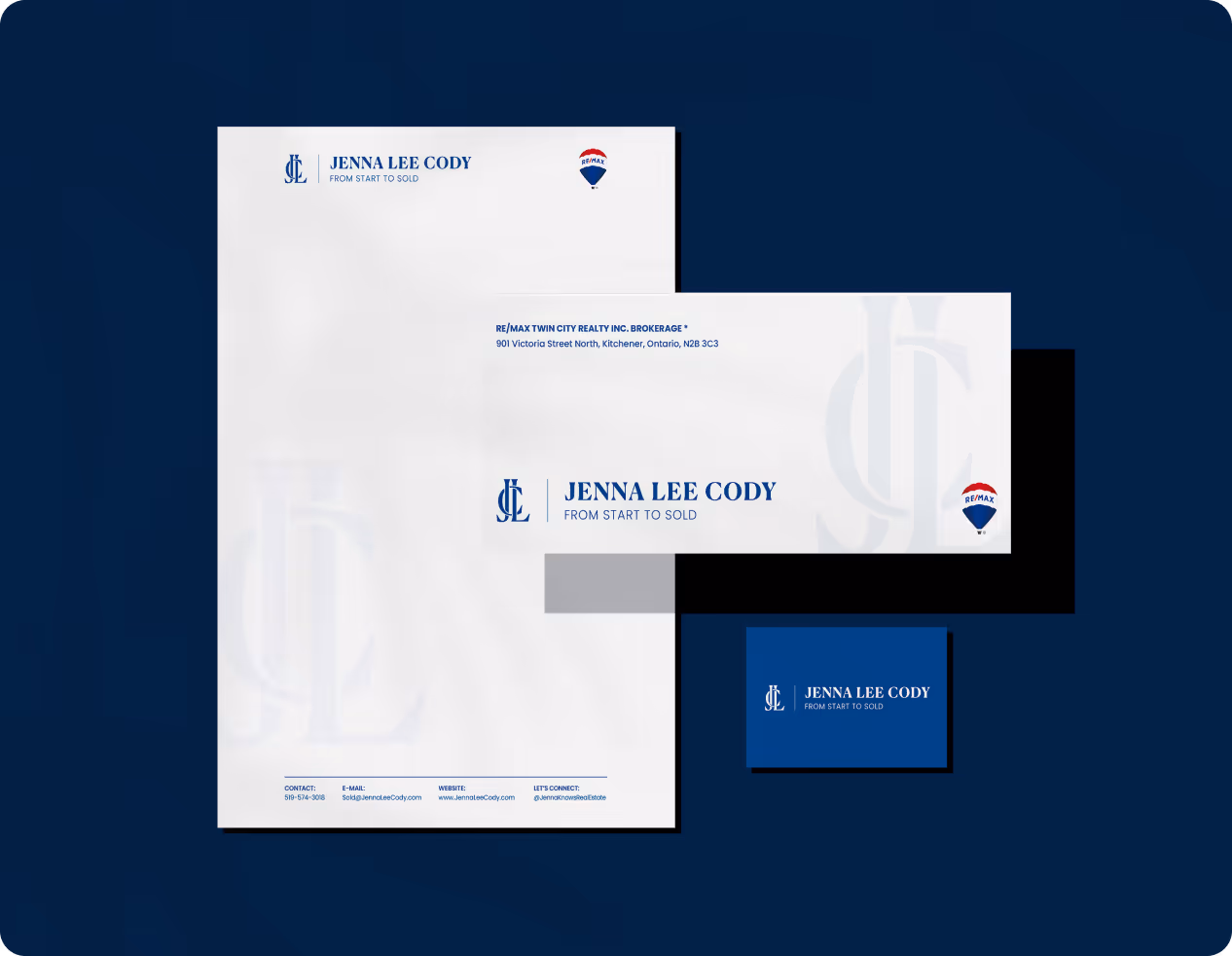 Branded stationery set including letterhead, envelope, and business card for Jenna Lee Cody, featuring navy blue and white colors with RE/MAX logo.