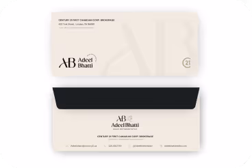 Two beige envelopes for Adeel Bhatti with black text and black flap on the bottom envelope.