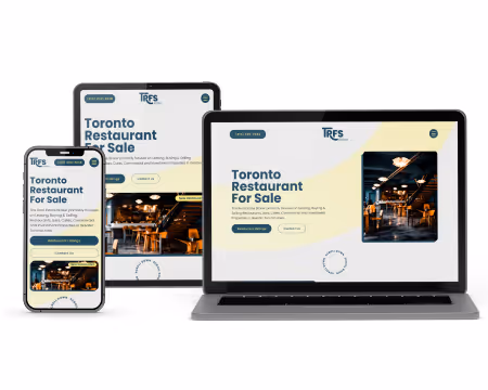Responsive website display for Toronto Restaurant For Sale shown on smartphone, tablet, and laptop screens.