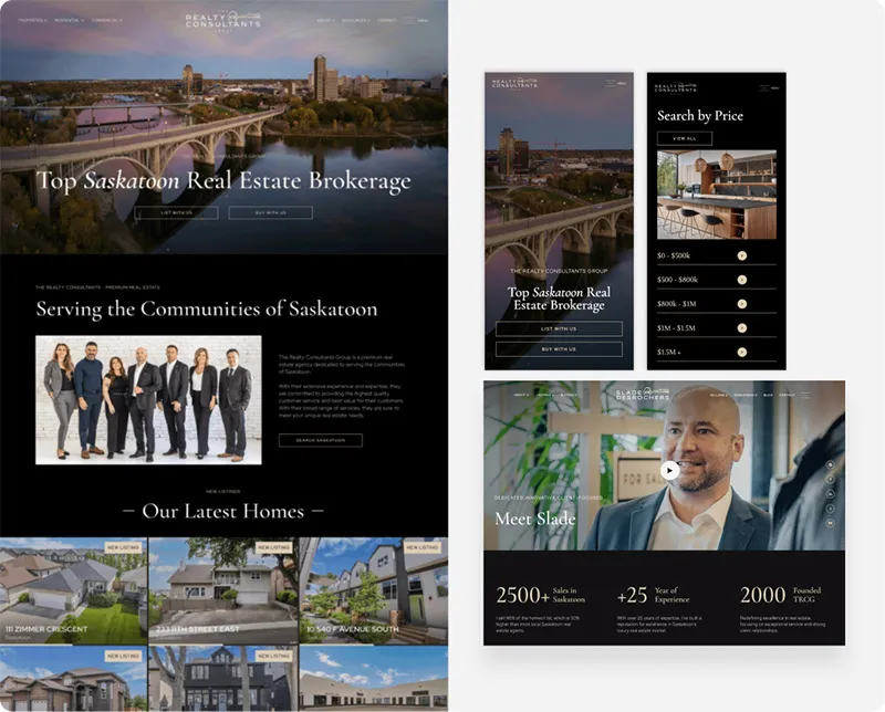 Realty Consultants Saskatoon real estate brokerage website showing city skyline, team photo, home listings, price search filter, and a profile of a sales agent named Slade.