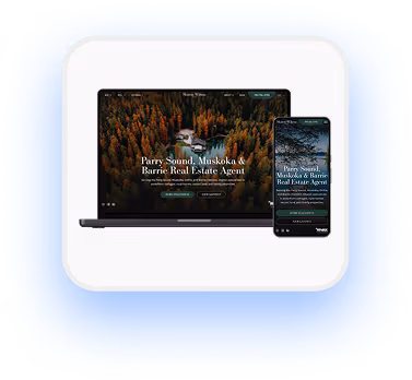 Laptop and smartphone displaying a real estate website for Parry Sound, Muskoka, and Barrie with forest aerial background.