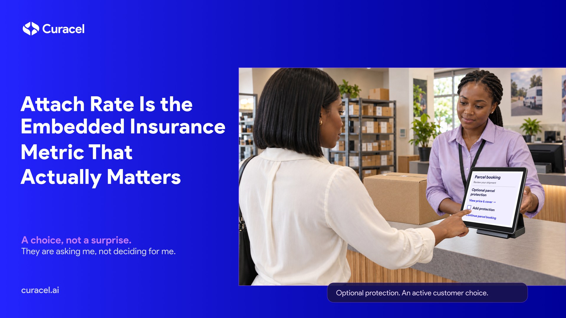 A customer at a parcel counter choosing optional parcel protection on a tablet, an active choice rather than a surprise.