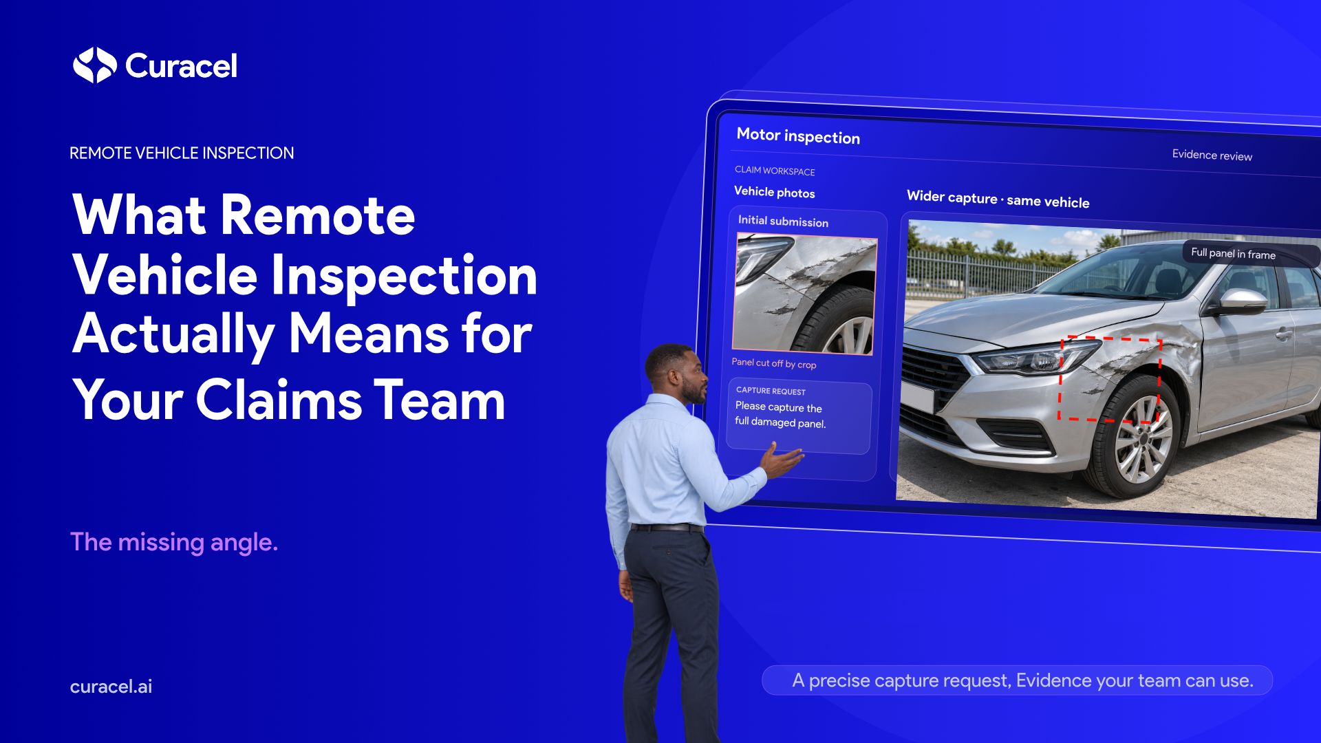 A claims reviewer comparing a cropped damage photo with a wider capture of the same damaged vehicle panel.