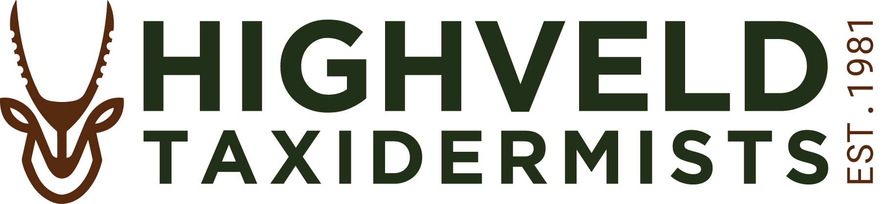 Logo with stylized antelope head icon and text 'HIGHVELD TAXIDERMISTS' and 'EST. 1981' written vertically.